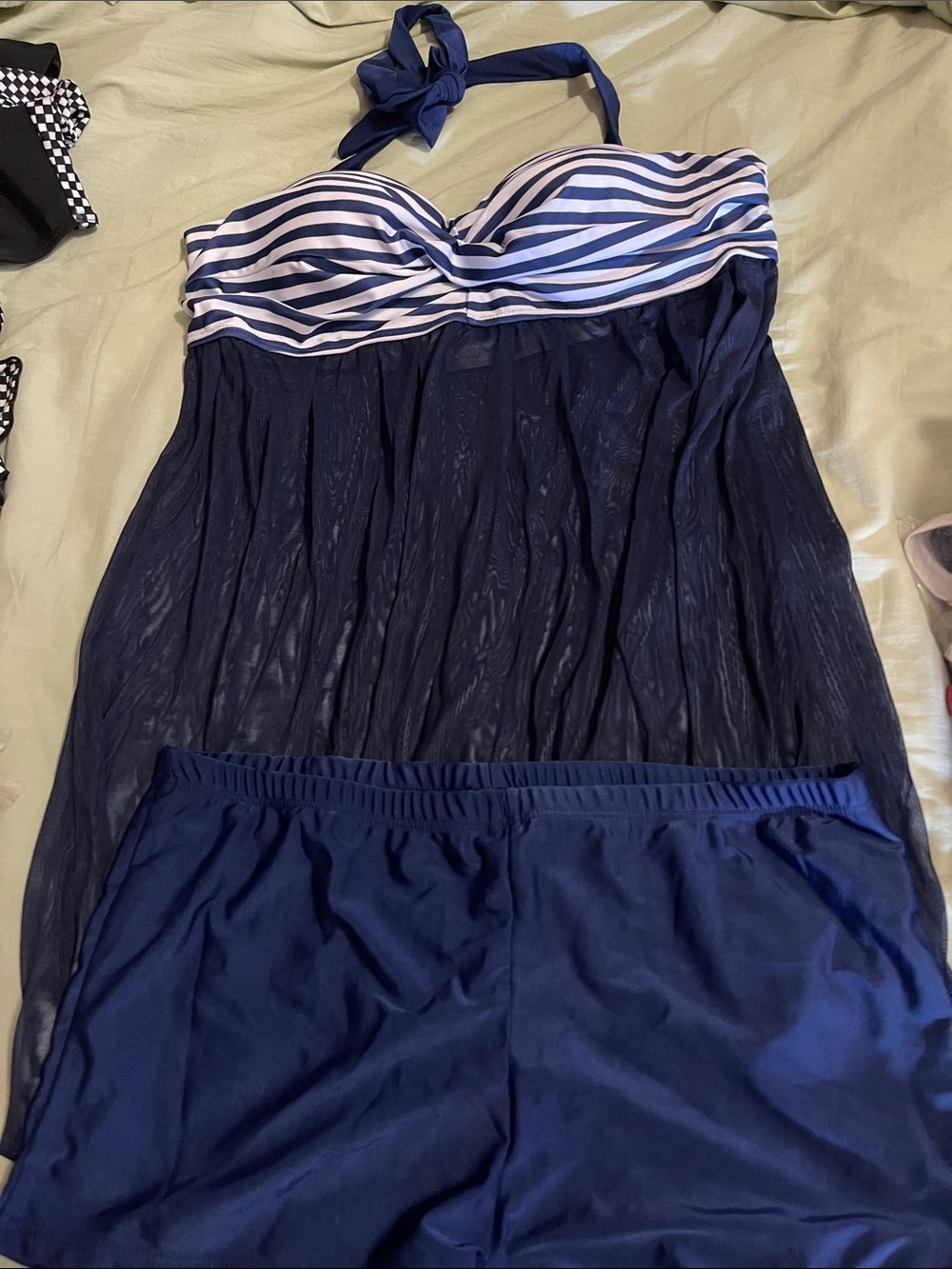 Navy Blue Striped Bandeau Swim Dress with Shorts